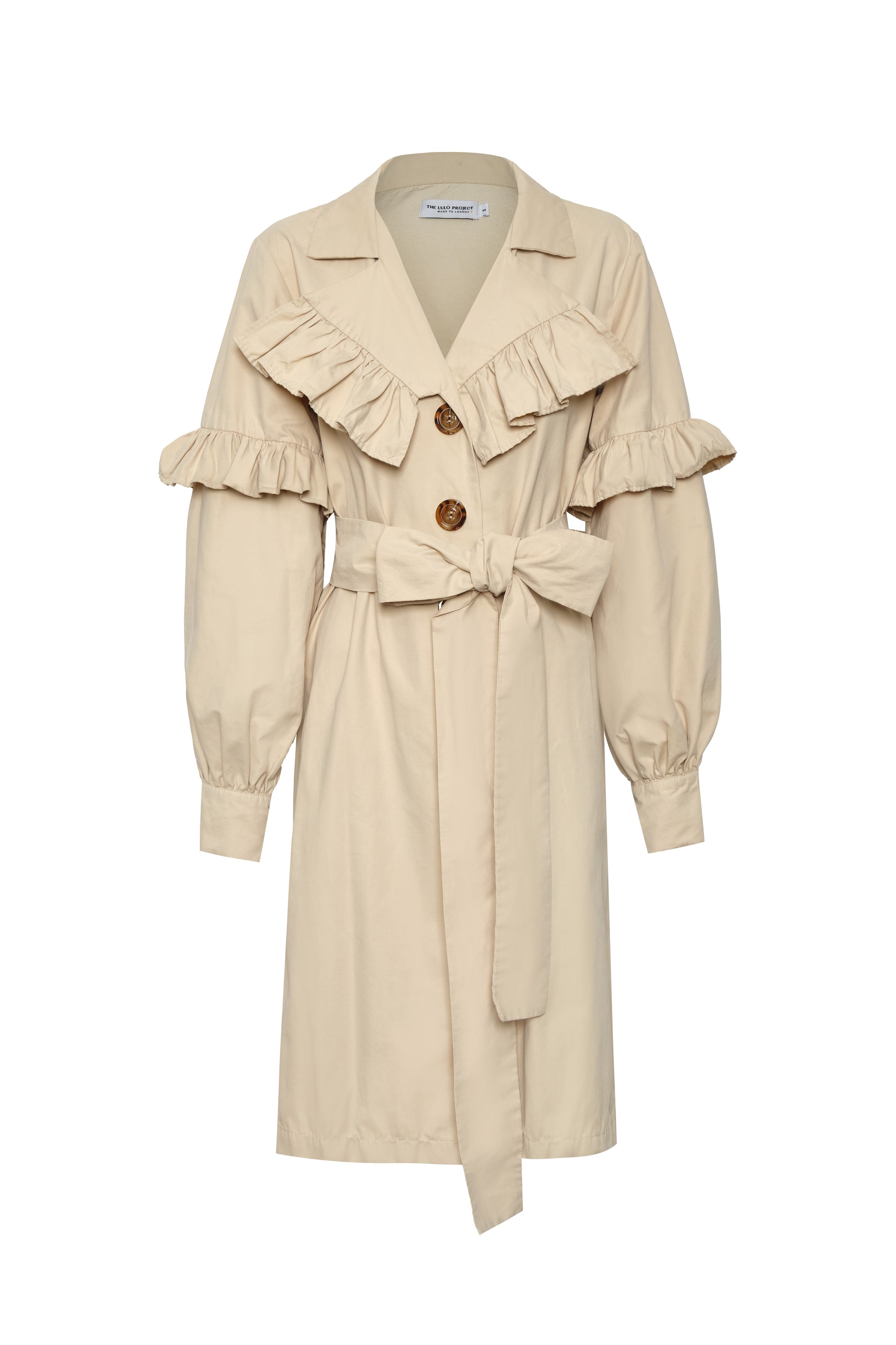 women’s ruffle trench coat with belt and volant details