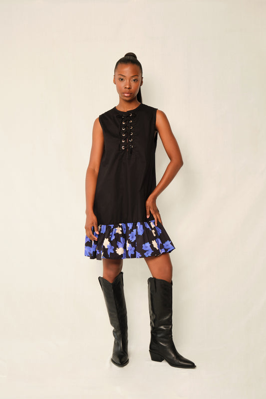 Lace-Up Drop-Waist Mini Dress – Fracture in Black Jacaranda