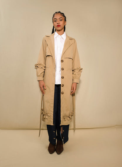 Women’s longline technical trench coat with ruched sleeves and belt