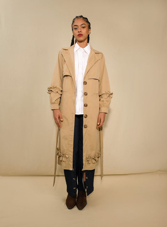 Women’s longline technical trench coat with ruched sleeves and belt