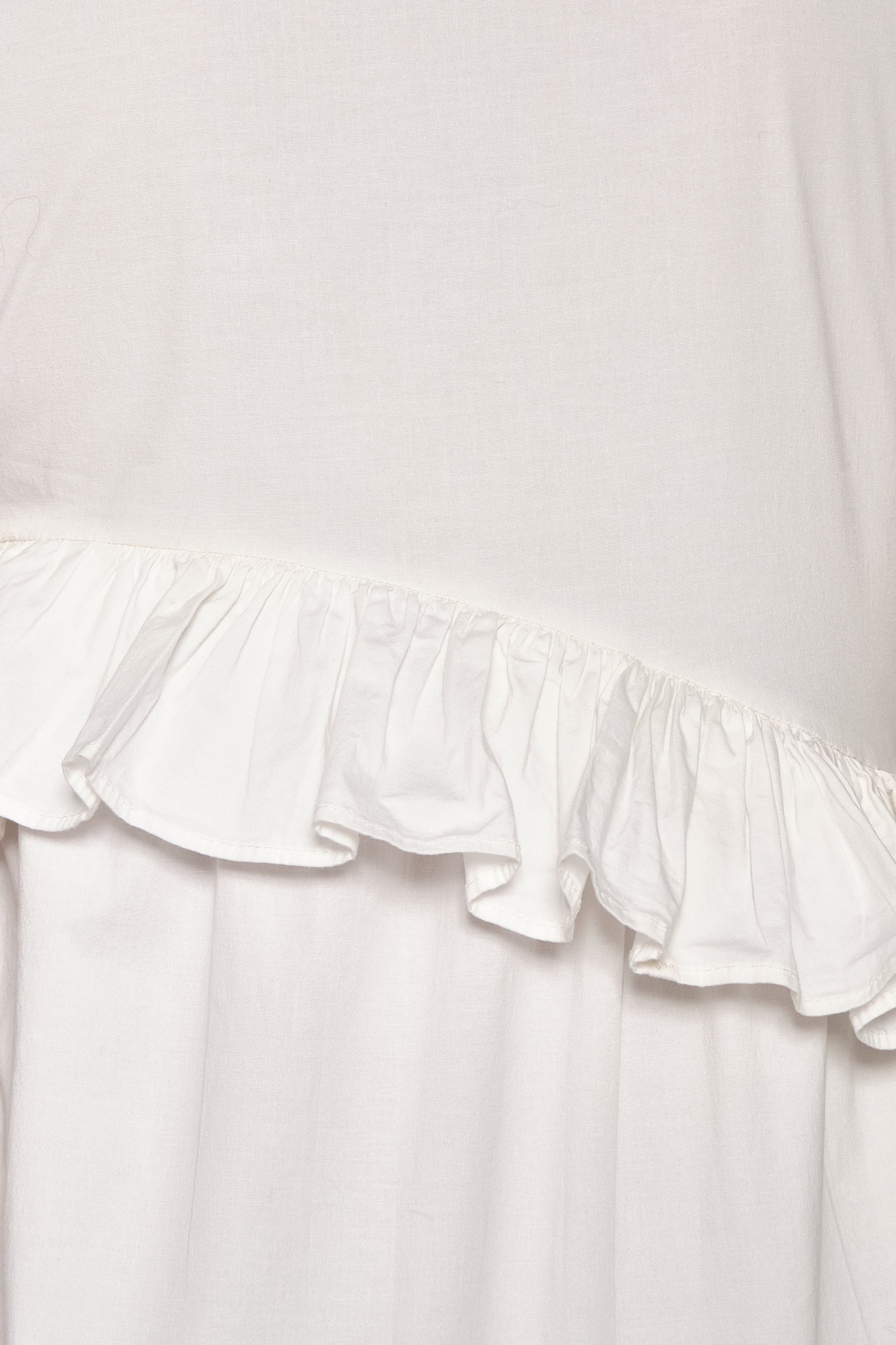 Model wearing white ruffle tiered poplin dress with puff sleeves and asymmetrical skirt.