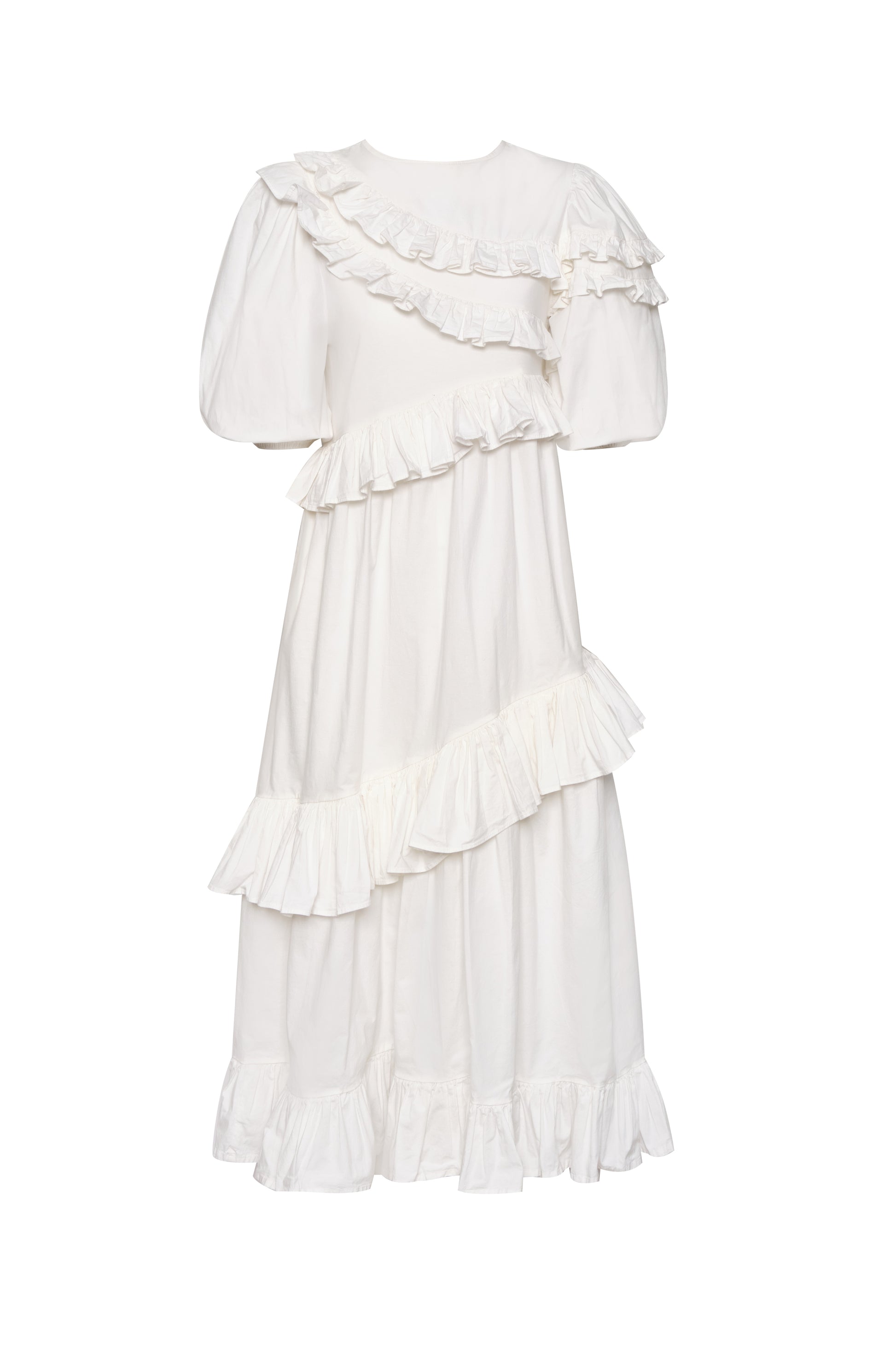 off white ruffle tiered poplin dress with puff sleeves and asymmetrical skirt.