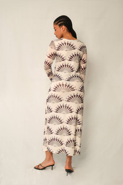 Model wearing long-sleeve mesh column maxi dress
