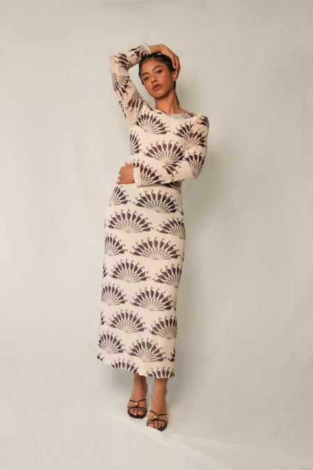 Model wearing long-sleeve mesh column maxi dress