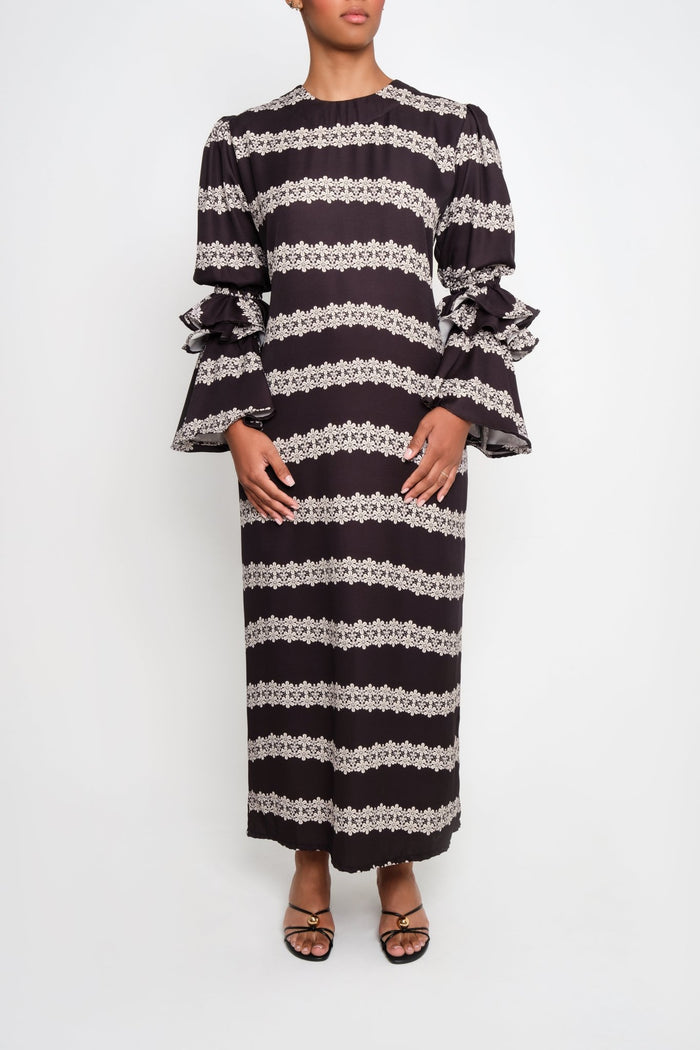 New Makeda Tunic Dress – Ruffle-Sleeve Maxi in Recycled Crepe 2 line Macrame