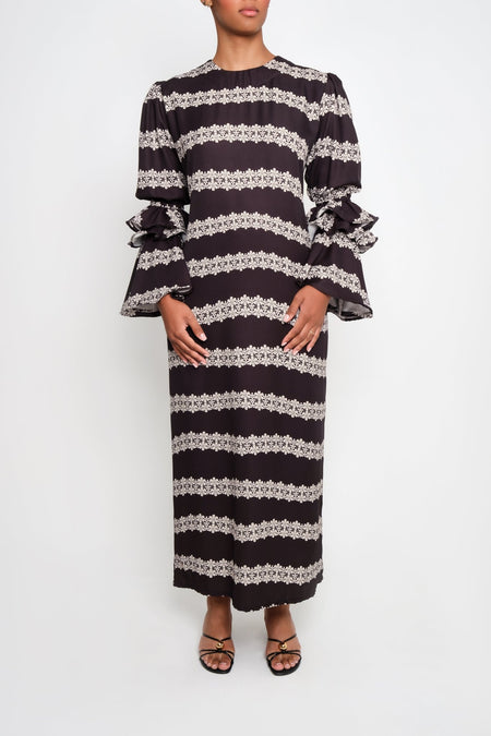 New Makeda Tunic Dress – Ruffle-Sleeve Maxi in Recycled Crepe 2 line Macrame - Lulo Project