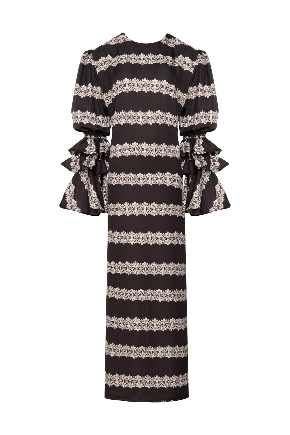 New Makeda Tunic Dress – Ruffle-Sleeve Maxi in Recycled Crepe 2 line Macrame - Lulo Project