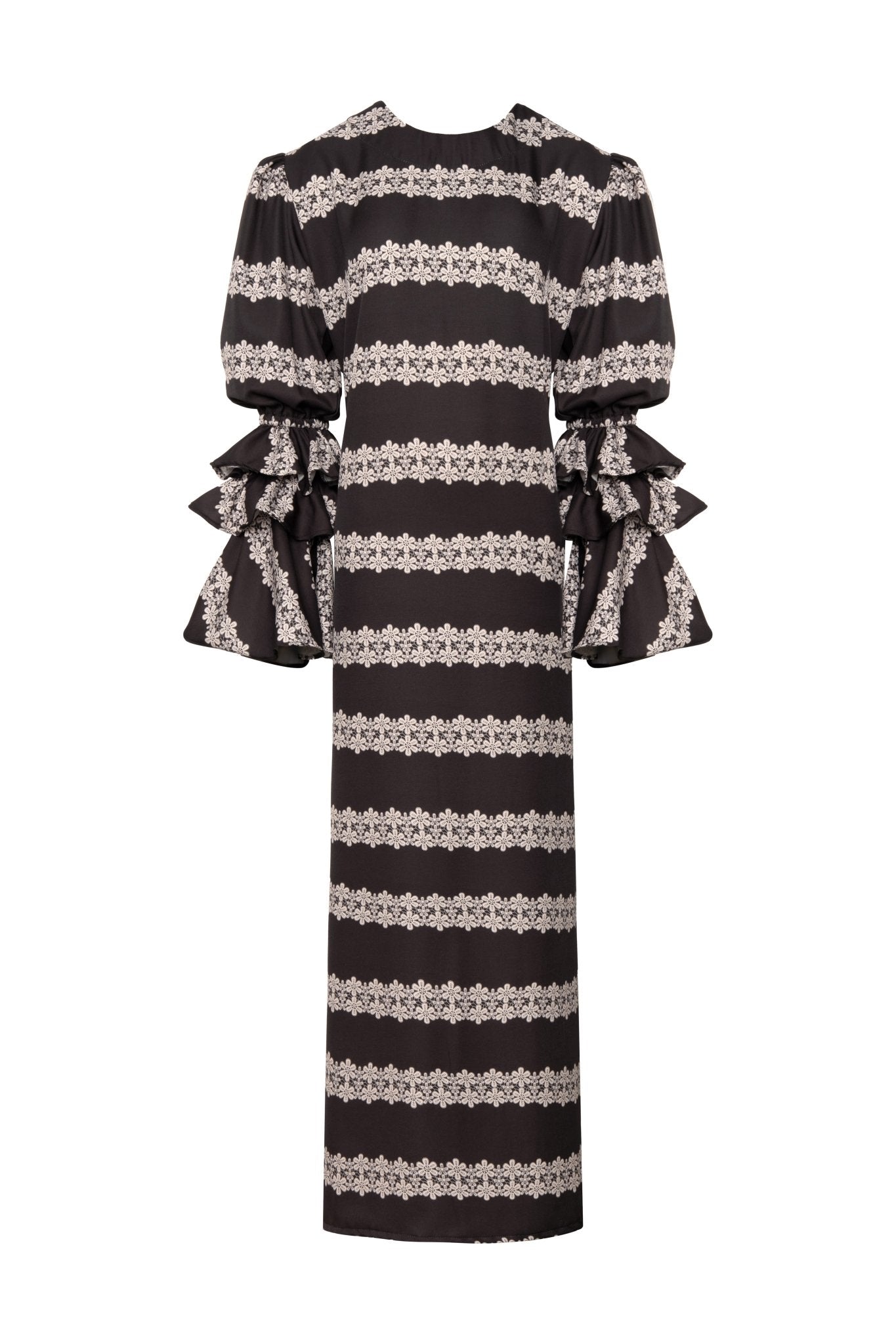 New Makeda Tunic Dress – Ruffle-Sleeve Maxi in Recycled Crepe 2 line Macrame - Lulo Project