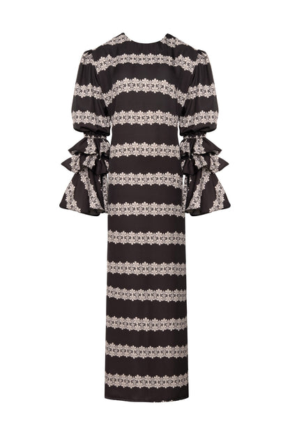 New Makeda Tunic Dress – Ruffle-Sleeve Maxi in Recycled Crepe 2 line Macrame - Lulo Project