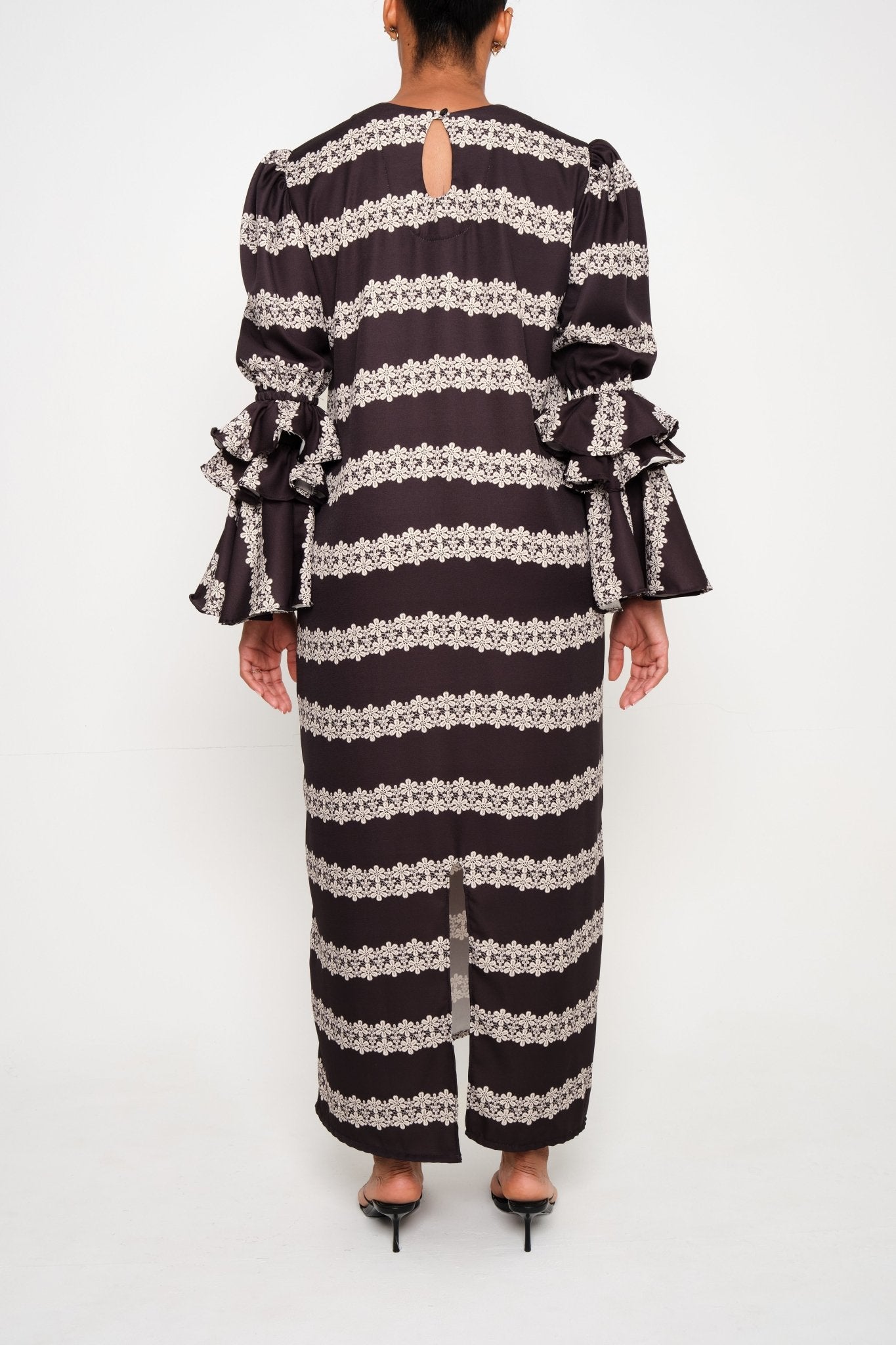 New Makeda Tunic Dress – Ruffle-Sleeve Maxi in Recycled Crepe 2 line Macrame - Lulo Project