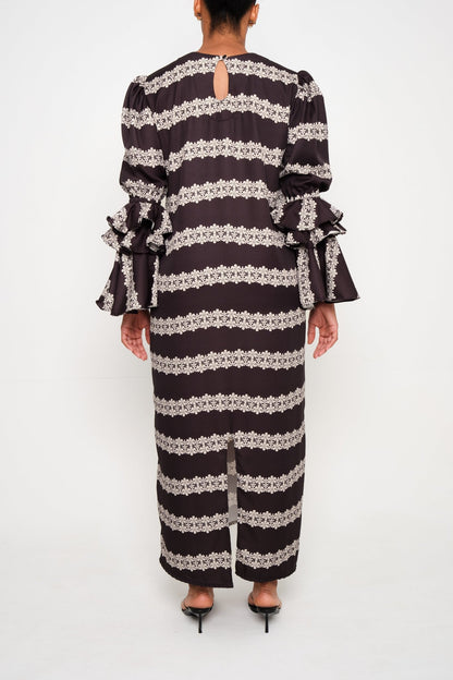 New Makeda Tunic Dress – Ruffle-Sleeve Maxi in Recycled Crepe 2 line Macrame - Lulo Project