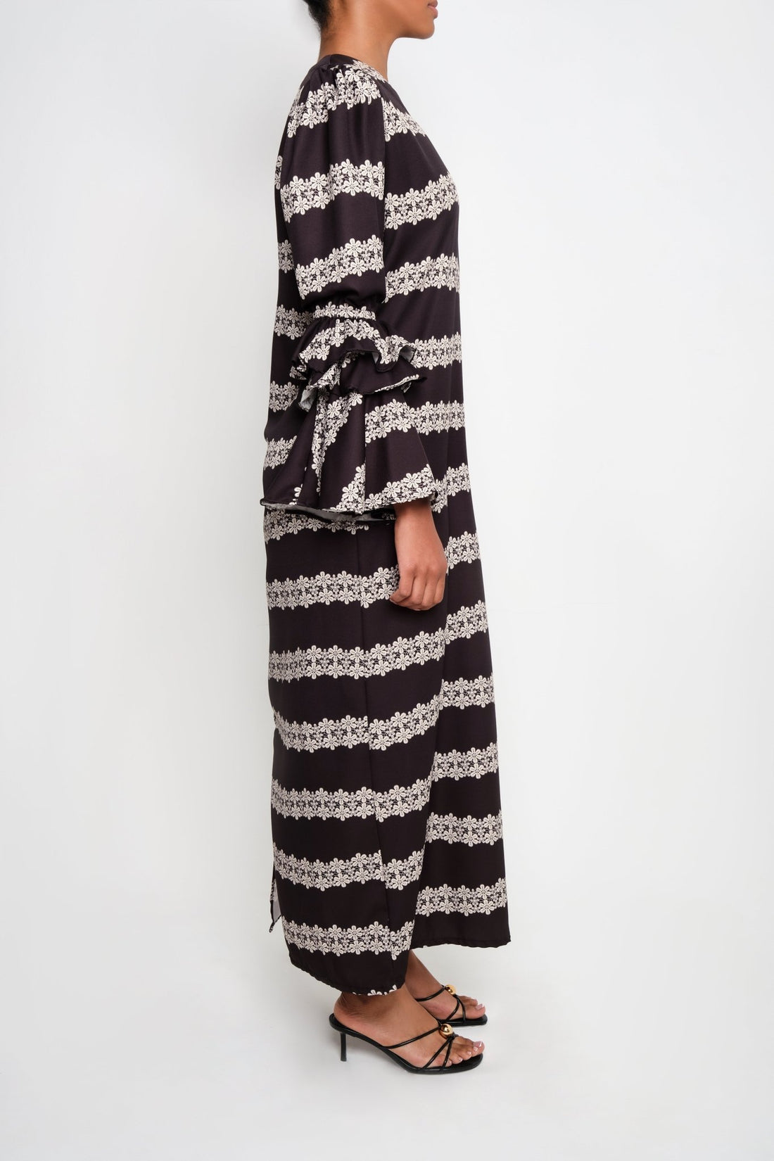 New Makeda Tunic Dress – Ruffle-Sleeve Maxi in Recycled Crepe 2 line Macrame - Lulo Project