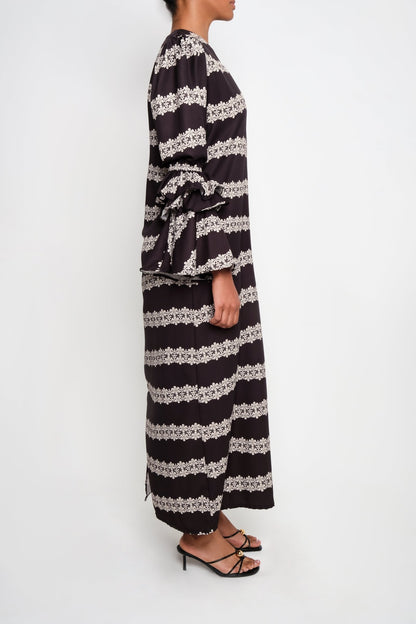 New Makeda Tunic Dress – Ruffle-Sleeve Maxi in Recycled Crepe 2 line Macrame - Lulo Project