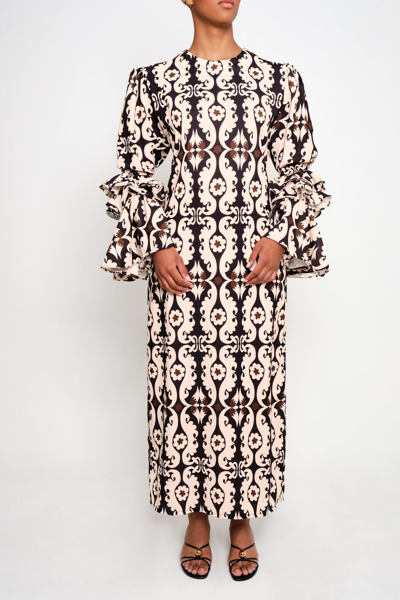 New Makeda Tunic Dress – Ruffle-Sleeve Maxi in Recycled Crepe (Maxi Paisley) - Lulo Project
