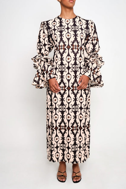 New Makeda Tunic Dress – Ruffle-Sleeve Maxi in Recycled Crepe (Maxi Paisley) - Lulo Project