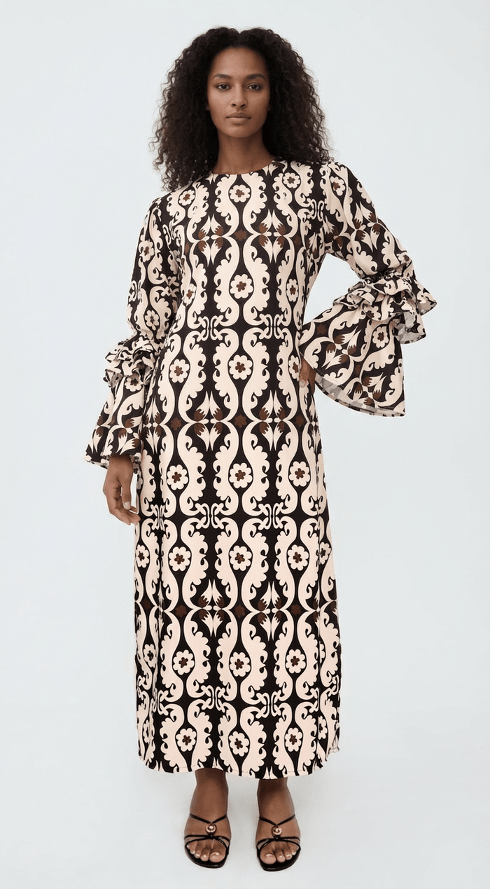 New Makeda Tunic Dress – Ruffle-Sleeve Maxi Paisley