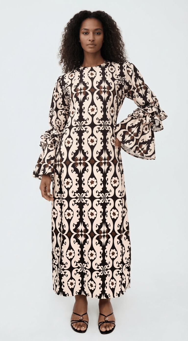 New Makeda Tunic Dress – Ruffle-Sleeve Maxi in Recycled Crepe (Maxi Paisley) - Lulo Project
