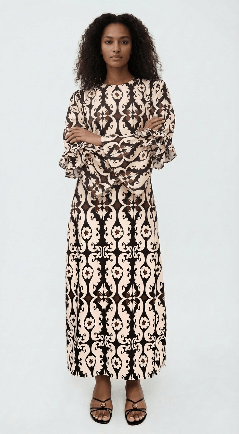New Makeda Tunic Dress – Ruffle-Sleeve Maxi in Recycled Crepe (Maxi Paisley) - Lulo Project