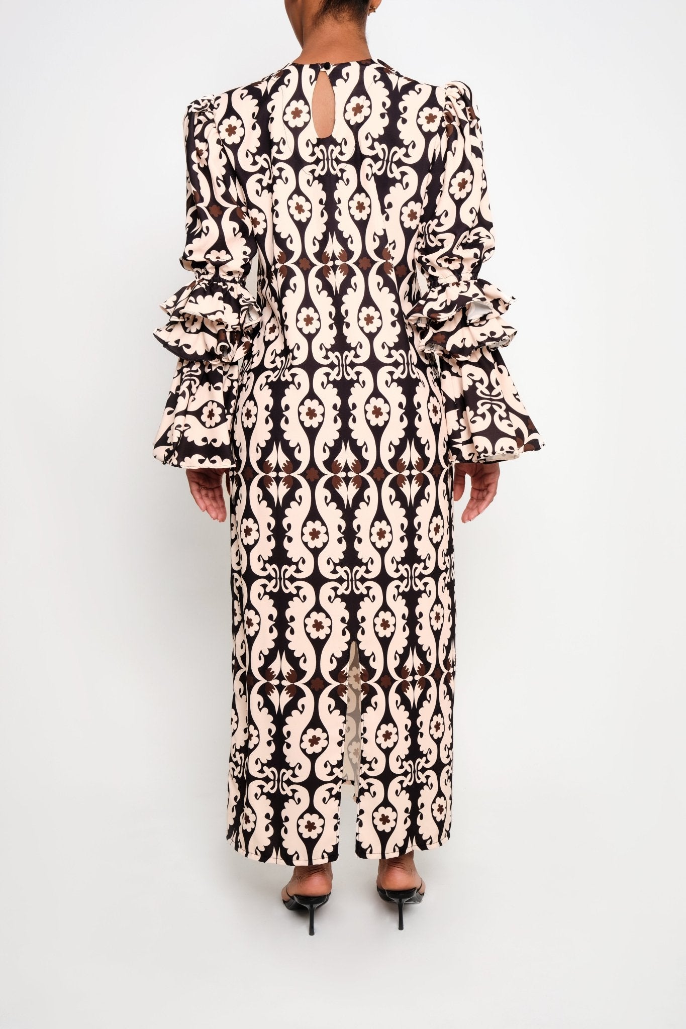 New Makeda Tunic Dress – Ruffle-Sleeve Maxi in Recycled Crepe (Maxi Paisley) - Lulo Project