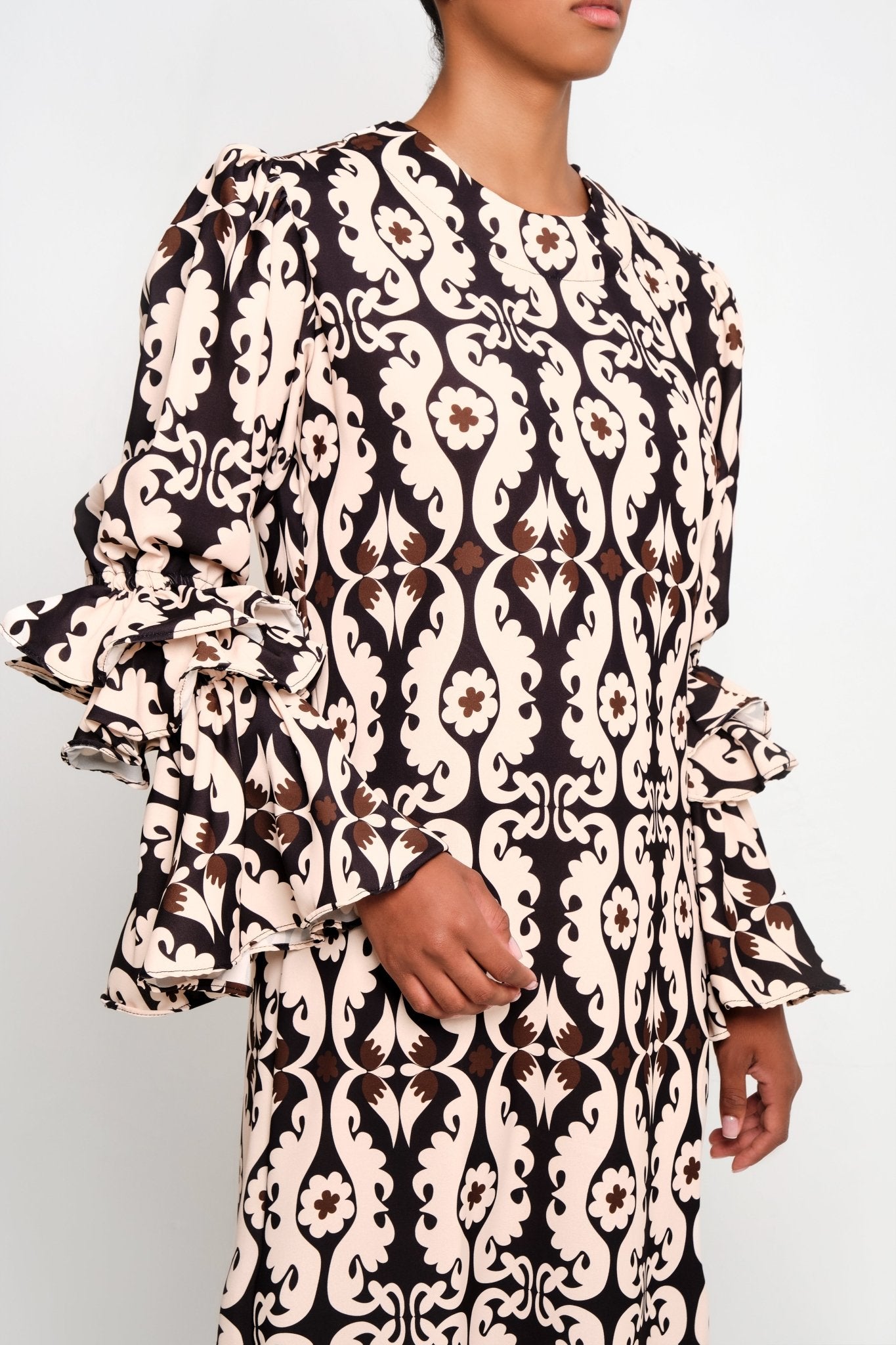 New Makeda Tunic Dress – Ruffle-Sleeve Maxi in Recycled Crepe (Maxi Paisley) - Lulo Project