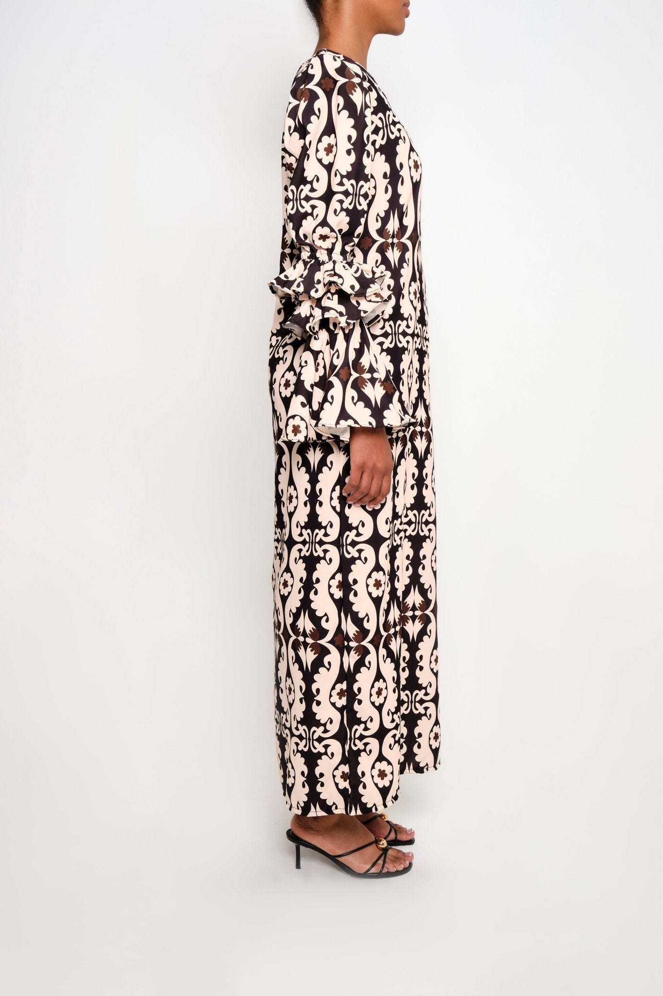 New Makeda Tunic Dress – Ruffle-Sleeve Maxi in Recycled Crepe (Maxi Paisley) - Lulo Project