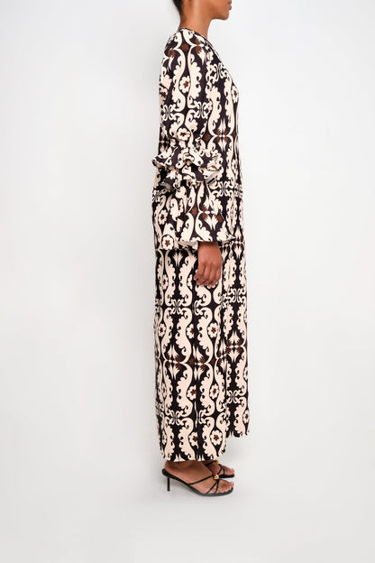 New Makeda Tunic Dress – Ruffle-Sleeve Maxi in Recycled Crepe (Maxi Paisley) - Lulo Project