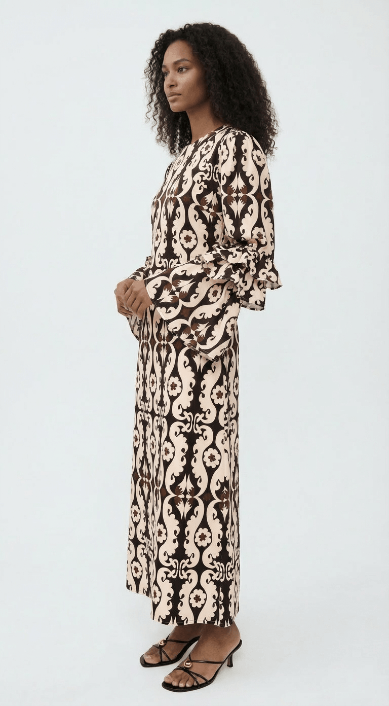 New Makeda Tunic Dress – Ruffle-Sleeve Maxi in Recycled Crepe (Maxi Paisley) - Lulo Project