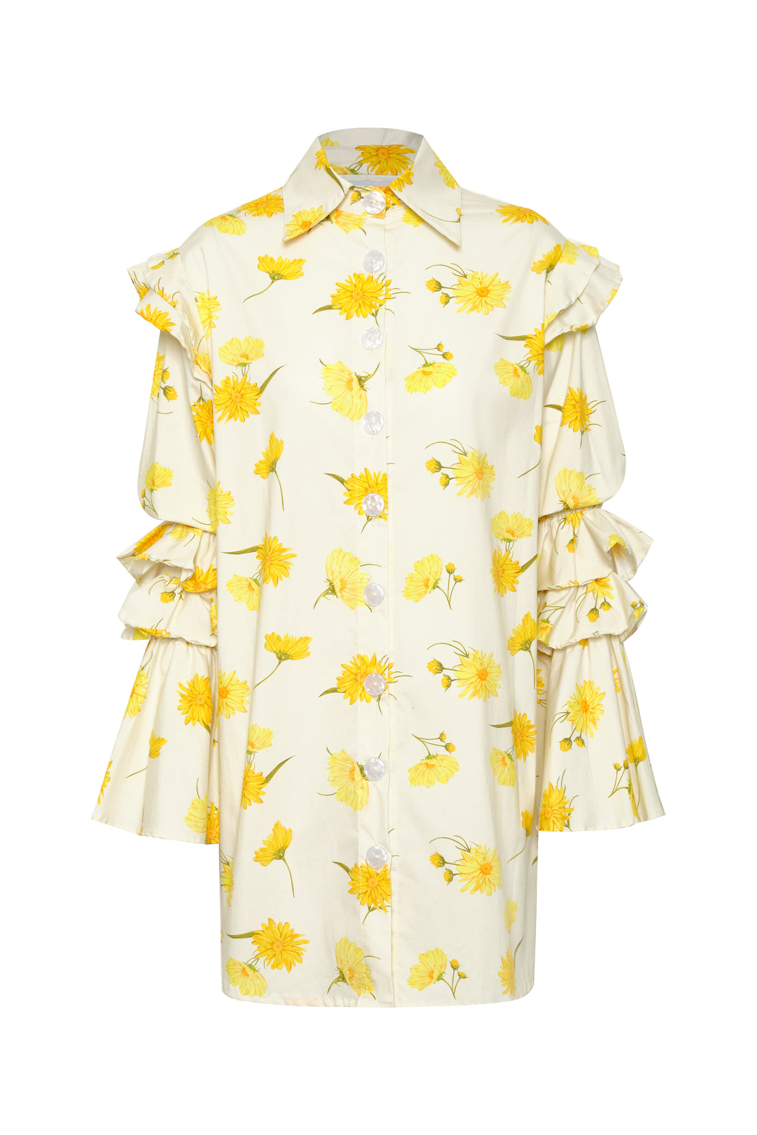 ruffle-sleeve floral shirt dress in yellow daisy print, mini length.