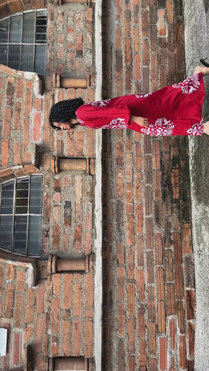 The Code Column Dress in Cotton Linen – Folk Print Red