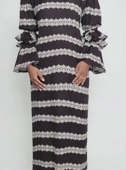 New Makeda Tunic Dress – Ruffle-Sleeve Maxi in Recycled Crepe 2 line Macrame