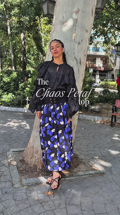 Chaos Petal High-Neck Ruffle Blouse – Lightweight Black Linen