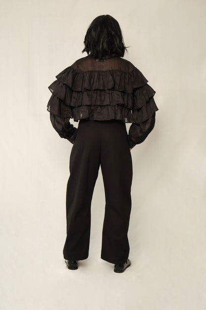 Black lightweight linen ruffle blouse with button front, tiered ruffles, and balloon sleeves.