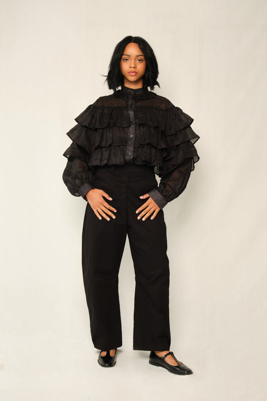 Black lightweight linen ruffle blouse with button front, tiered ruffles, and balloon sleeves.