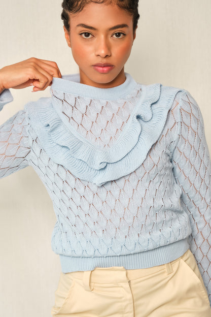 Light-blue pointelle knit sweater with V-ruffle and layered cuffs.