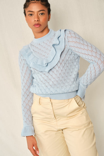 Light-blue pointelle knit sweater with V-ruffle and layered cuffs.