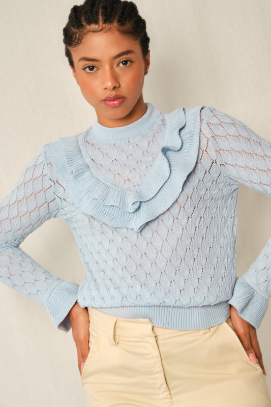 Light-blue pointelle knit sweater with V-ruffle and layered cuffs.
