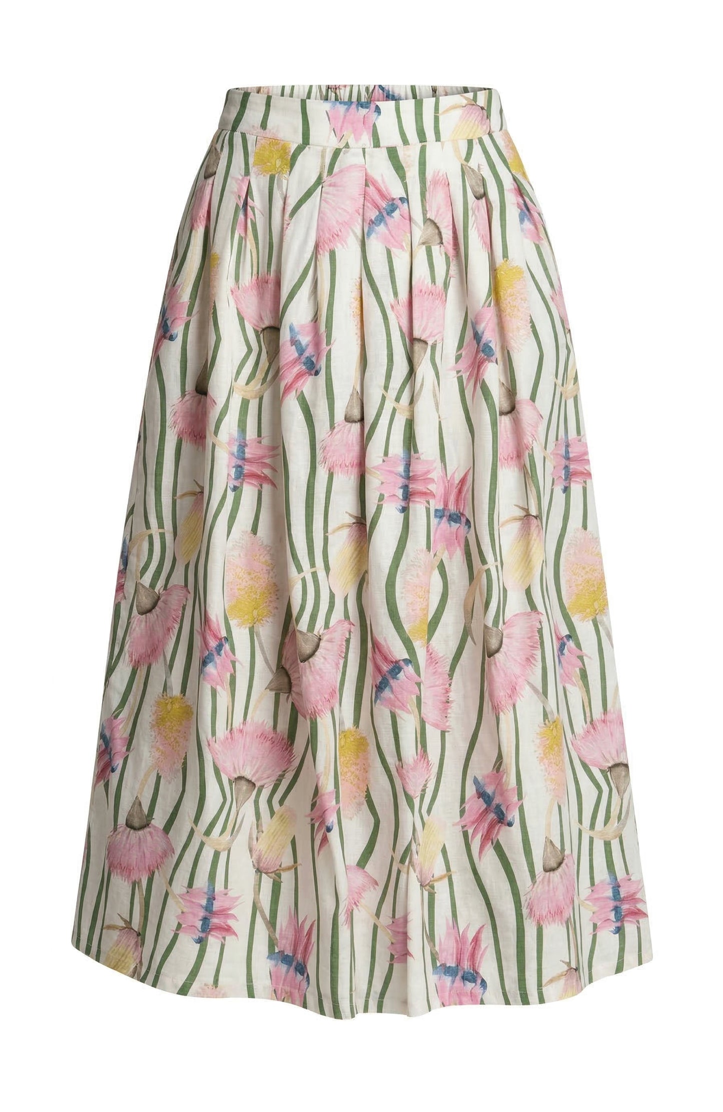 Floral patterned skirt with pink and green design on a white background