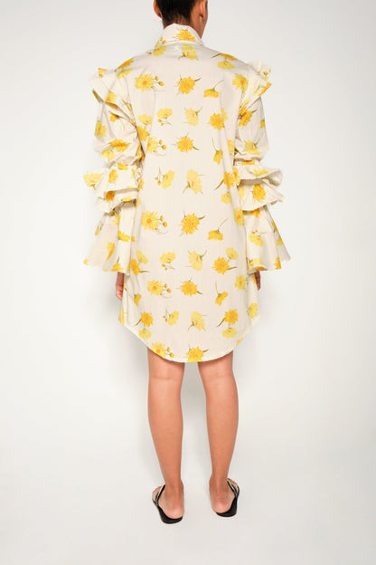 Ruffle-Sleeve Floral Shirt Dress – Night Owl (Maxi Daisy Print) - Lulo Project