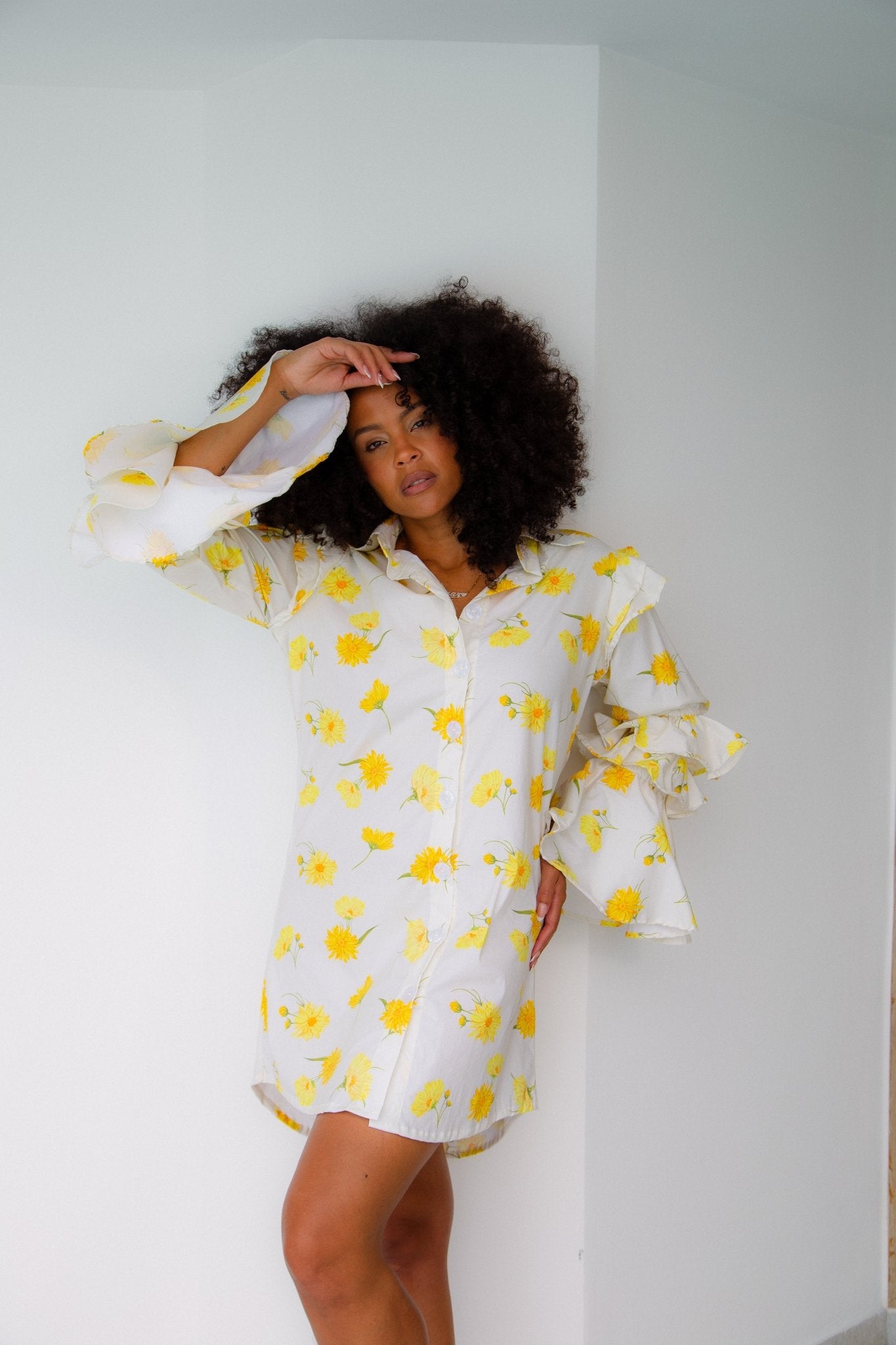 Ruffle-Sleeve Floral Shirt Dress – Night Owl (Maxi Daisy Print) - Lulo Project