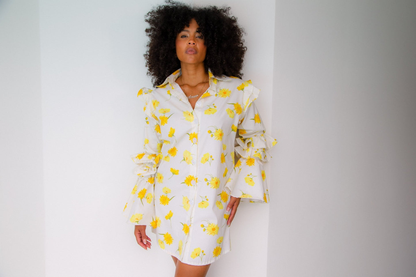 Ruffle-Sleeve Floral Shirt Dress – Night Owl (Maxi Daisy Print) - Lulo Project
