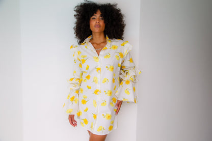 Ruffle-Sleeve Floral Shirt Dress – Night Owl (Maxi Daisy Print) - Lulo Project