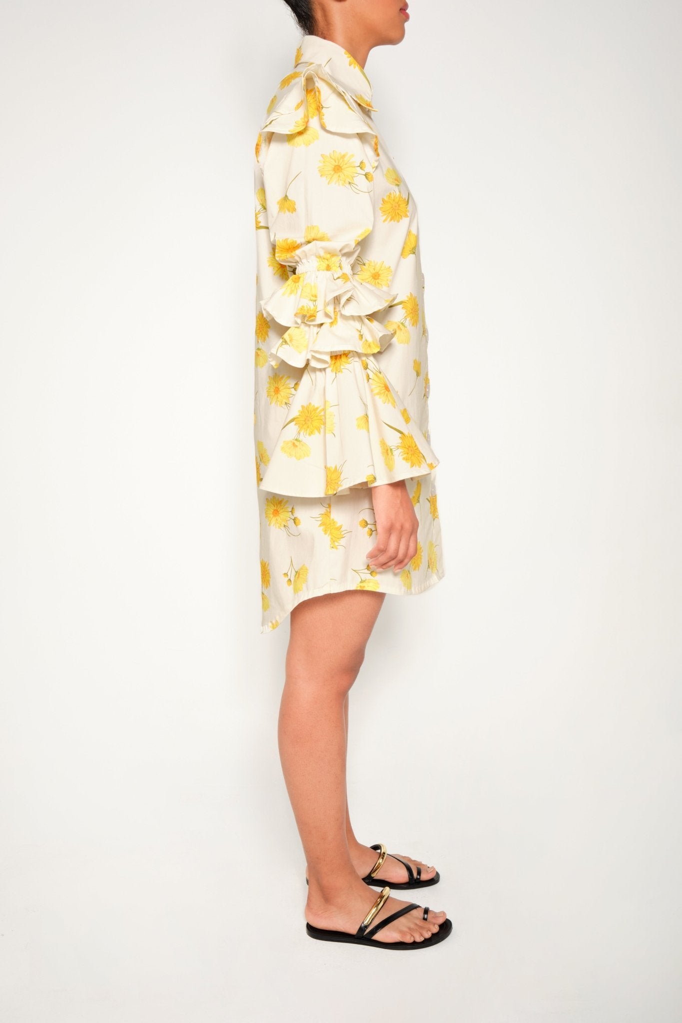 Ruffle-Sleeve Floral Shirt Dress – Night Owl (Maxi Daisy Print) - Lulo Project