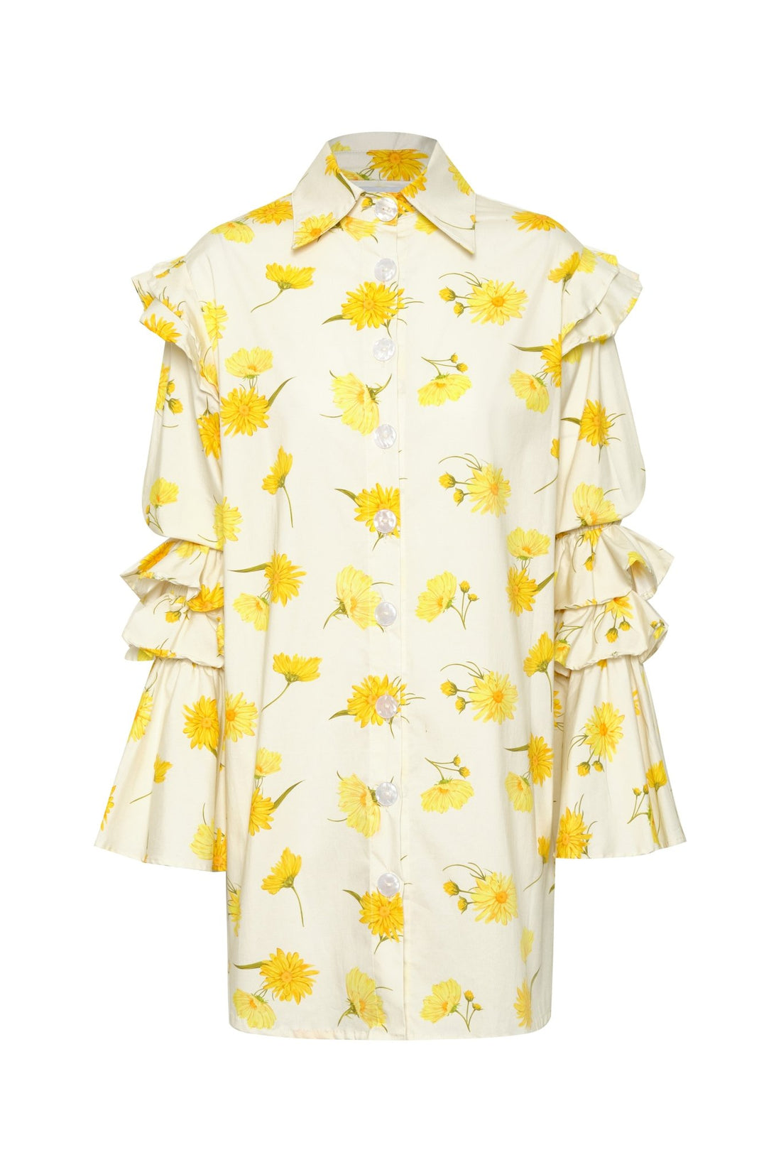 Ruffle-Sleeve Floral Shirt Dress – Night Owl (Maxi Daisy Print) - Lulo Project