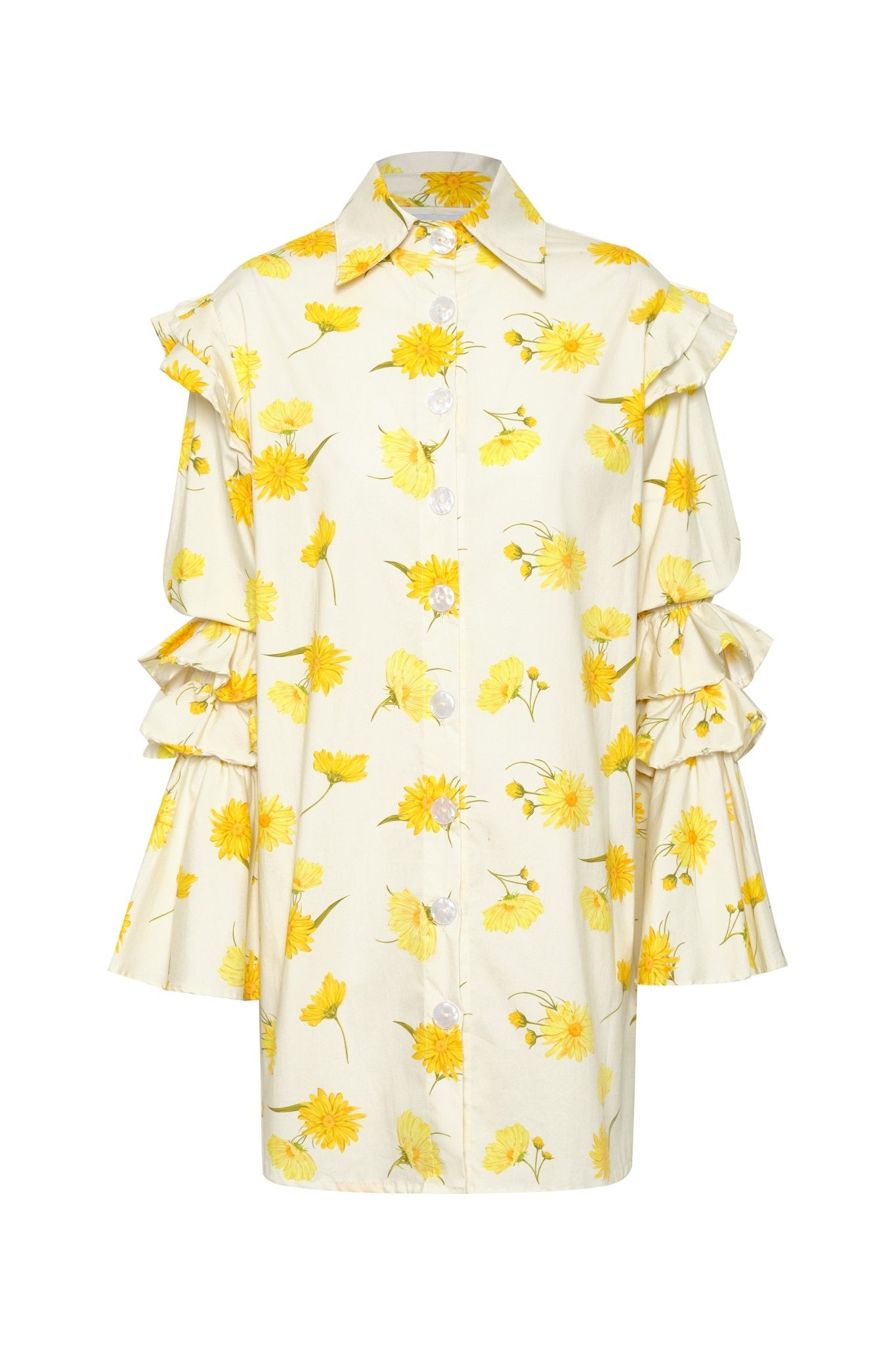 Ruffle-Sleeve Floral Shirt Dress – Night Owl (Maxi Daisy Print) - Lulo Project