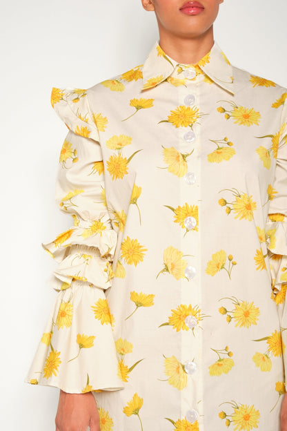 Ruffle-Sleeve Floral Shirt Dress – Night Owl (Maxi Daisy Print) - Lulo Project