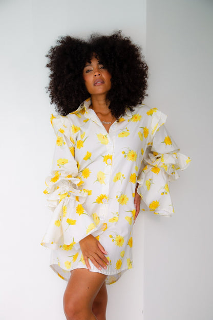 Ruffle-Sleeve Floral Shirt Dress – Night Owl (Maxi Daisy Print) - Lulo Project