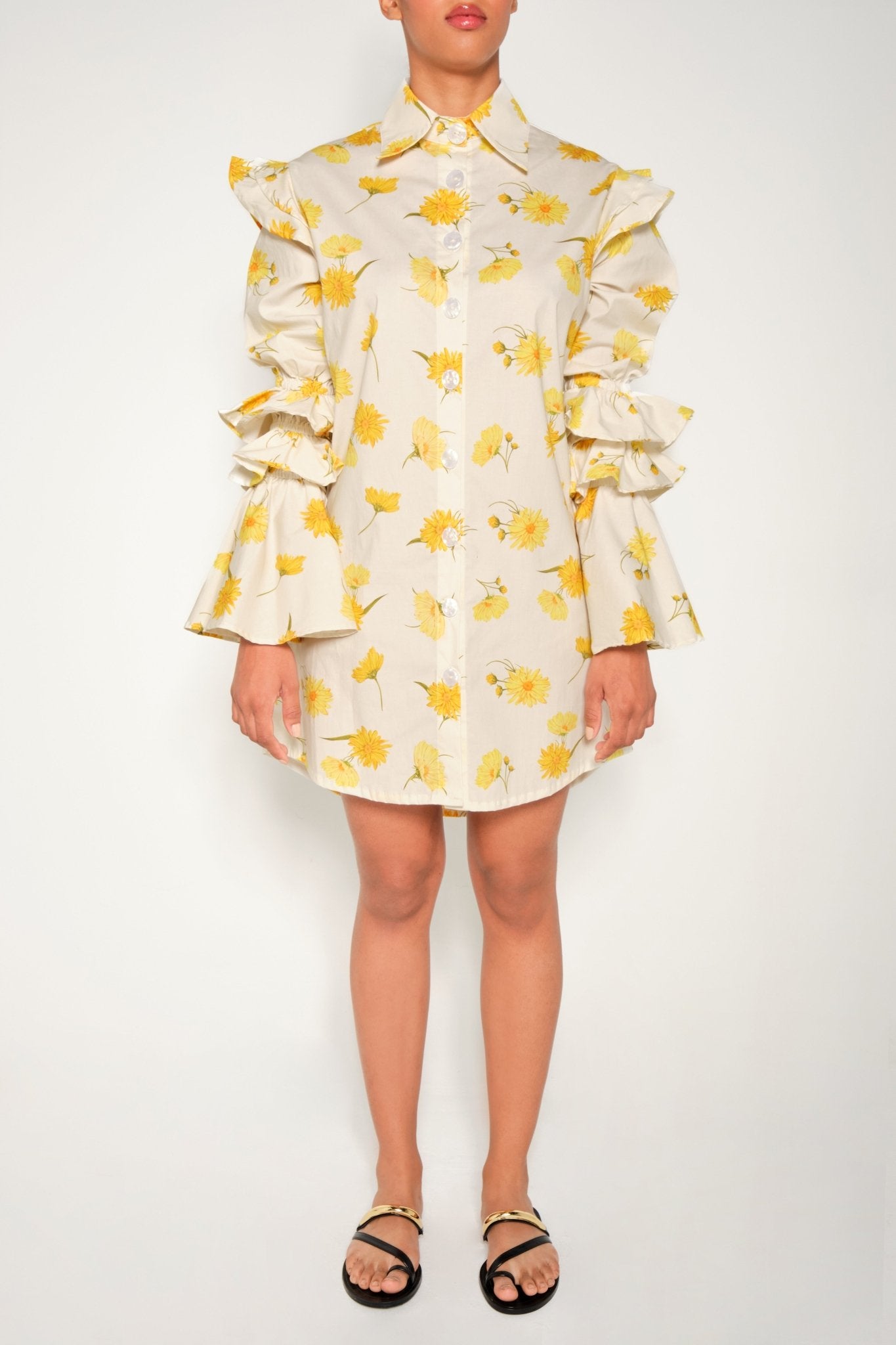 Ruffle-Sleeve Floral Shirt Dress – Night Owl (Maxi Daisy Print) - Lulo Project