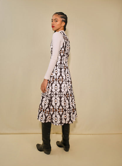 Sleeveless, a line midi dress on model 