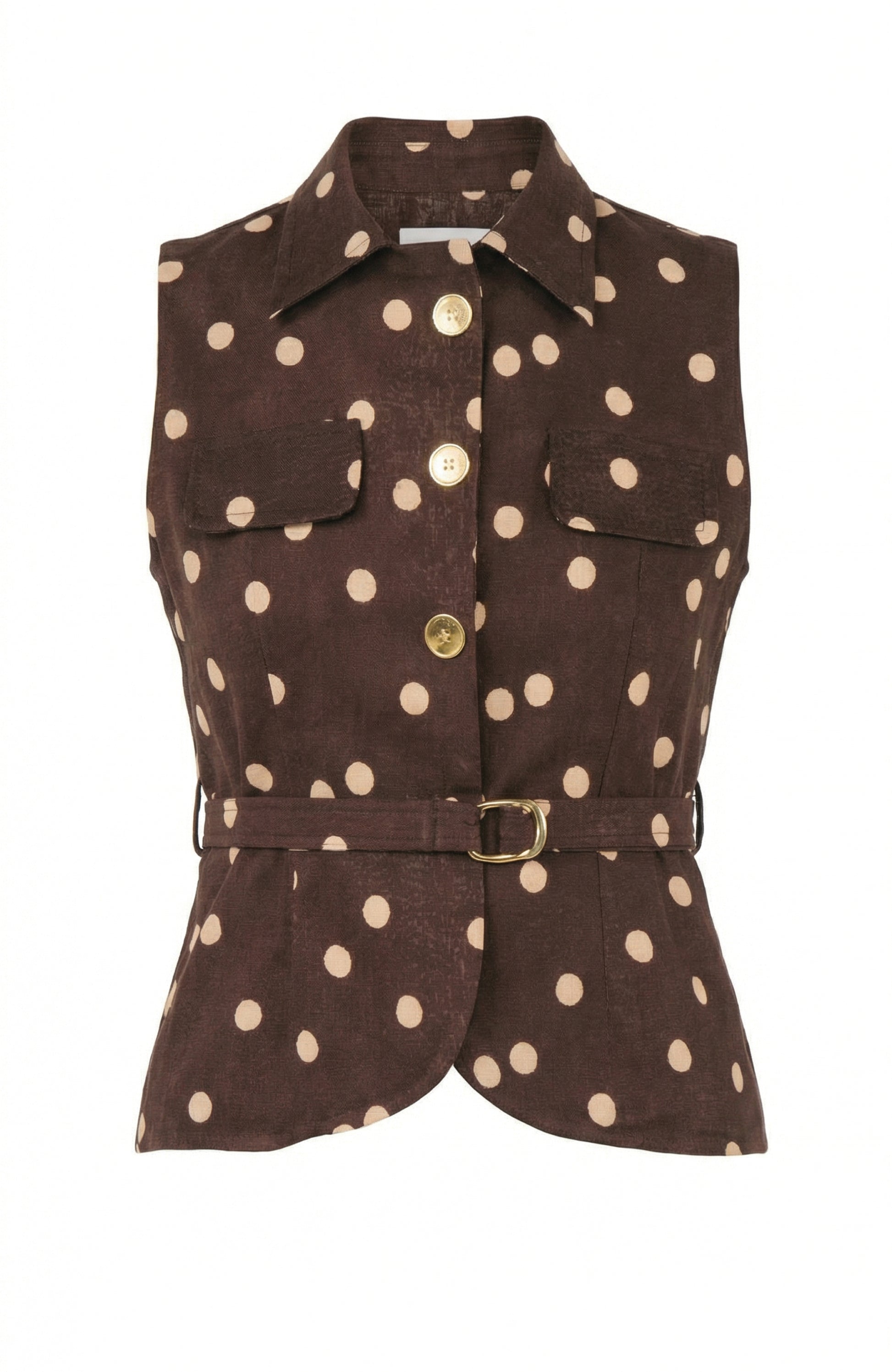 Brown sleeveless jacket with white polka dots on a white background
