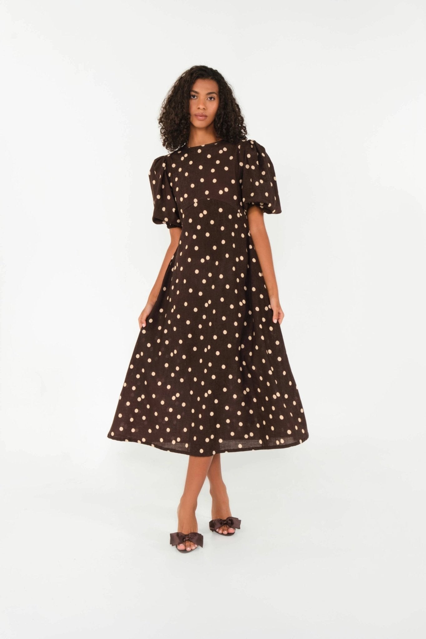 The Dawn Midi Dress in Brown Polka Dot Linen